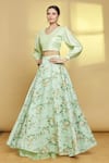 Buy_Khwaab by Sanjana Lakhani_Green Chanderi Printed Floral V Neck Crop Top And Skirt Set _at_Aza_Fashions