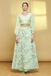 Buy_Khwaab by Sanjana Lakhani_Green Chanderi Printed Floral V Neck Crop Top And Skirt Set _Online_at_Aza_Fashions