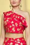 Shop_Samyukta Singhania_Red Cotton Foil One Shoulder Crop Top And Skirt Set_Online_at_Aza_Fashions