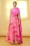Buy_Samyukta Singhania_Pink Silk One Shoulder Draped Crop Top And Skirt Set_Online_at_Aza_Fashions