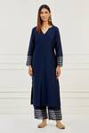 Buy Ikshita Choudhary Blue Chanderi Embroidered Chita V Neck Kurta And Pant Set at Aza Fashions Buy_Ikshita Choudhary_Blue Chanderi Embroidered Chita V Neck Kurta And Pant Set_at_Aza_Fashions
