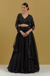 Ikshita Choudhary_Black Organza Hand Embroidered Sequin And Cut Dana Work Floral Pleated Lehenga _Online_at_Aza_Fashions