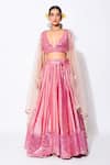 Buy_Rishi and Vibhuti_Pink Chanderi Woven And Embroidery Stripes & Sequin Leaf Neck Ariel Lehenga Set _at_Aza_Fashions