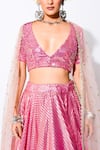 Shop_Rishi and Vibhuti_Pink Chanderi Woven And Embroidery Stripes & Sequin Leaf Neck Ariel Lehenga Set _at_Aza_Fashions