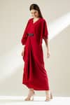 Buy_Aakaar_Red Moss Crepe Embroidery Beads V Neck Draped Gown _Online_at_Aza_Fashions