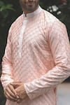 Priyanka Haralalka_Peach Cotton , Katan Geometric Embroidered Kurta Set_at_Aza_Fashions