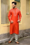 Buy_Priyanka Haralalka_Orange Bhagalpur Silk And Embroidery Stripes & Knot Kurta Set _at_Aza_Fashions