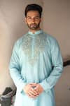 Priyanka Haralalka_Blue Cotton Blend, Ruby Silk Sequins Work Embroidered Kurta Set_Online_at_Aza_Fashions