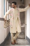 Buy_Priyanka Haralalka_Beige Cotton , Bourette Floral Print Bundi And Kurta Set_Online_at_Aza_Fashions
