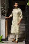 Buy_Priyanka Haralalka_Beige Cotton Blend, Ruby Silk Geometric Embroidered Kurta Set_at_Aza_Fashions