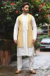 Buy_Priyanka Haralalka_Beige Banarasi , Katan Sequins Work Embroidered Overlay Kurta Set _at_Aza_Fashions