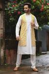 Shop_Priyanka Haralalka_Beige Banarasi , Katan Sequins Work Embroidered Overlay Kurta Set _at_Aza_Fashions