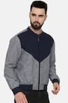 Mayank Modi - Men_Blue Linen Plain Colorblock Bomber Jacket _Online_at_Aza_Fashions