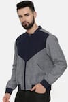 Buy_Mayank Modi - Men_Blue Linen Plain Colorblock Bomber Jacket _Online_at_Aza_Fashions