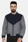 Shop_Mayank Modi - Men_Blue Linen Plain Colorblock Bomber Jacket _Online_at_Aza_Fashions