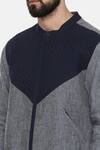 Mayank Modi - Men_Blue Linen Plain Colorblock Bomber Jacket _at_Aza_Fashions