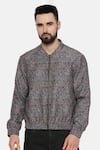 Shop_Mayank Modi - Men_Blue Linen Printed Geometric Bomber Jacket  _Online_at_Aza_Fashions