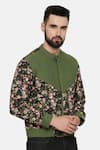 Mayank Modi - Men_Green Linen Printed Floral Colorblock Bomber Jacket _Online_at_Aza_Fashions