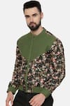 Buy_Mayank Modi - Men_Green Linen Printed Floral Colorblock Bomber Jacket _Online_at_Aza_Fashions