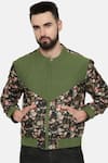 Shop_Mayank Modi - Men_Green Linen Printed Floral Colorblock Bomber Jacket _Online_at_Aza_Fashions