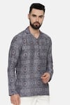 Mayank Modi - Men_Blue Linen Bemberg Printed Geometric Short Kurta  _Online_at_Aza_Fashions