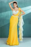 Buy_Mandira Wirk_Yellow Chiffon Embroidered Pearls Pre-draped Ruffle Saree With Bustier_at_Aza_Fashions