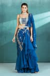 Buy_Mandira Wirk_Blue Chiffon Foil Print Floral Motifs And Pathra Pre-draped Saree With Bustier _at_Aza_Fashions