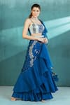 Buy_Mandira Wirk_Blue Chiffon Foil Print Floral Motifs And Pathra Pre-draped Saree With Bustier _Online_at_Aza_Fashions