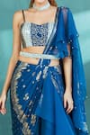 Shop_Mandira Wirk_Blue Chiffon Foil Print Floral Motifs And Pathra Pre-draped Saree With Bustier _at_Aza_Fashions