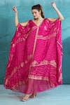 Mandira Wirk_Fuchsia Chiffon Foil V Neck Organza Kaftan _Online_at_Aza_Fashions