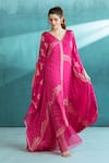 Buy_Mandira Wirk_Fuchsia Chiffon Foil V Neck Organza Kaftan _at_Aza_Fashions