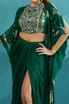 Shop_Mandira Wirk_Emerald Green Chiffon And Embroidery Foil Cape & Draped Skirt Set _at_Aza_Fashions