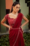 Shop_Niamh By Kriti_Red Silk Crepe Lining Shantoon Embroidery Pre-draped Saree With Blouse _Online_at_Aza_Fashions