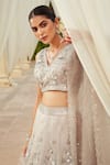 Shop_Niamh By Kriti_Grey Italian Organza Lining Satin Embroidery Pearls V Neck Floral Lehenga Set _at_Aza_Fashions