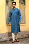Buy_Priyanka Haralalka_Blue Kurta Handloom  Pant Pure Embroidery Thread Asymmetric Set _at_Aza_Fashions