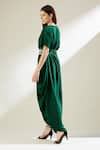 Shop_Aakaar_Green Silk Crepe Pearls, Crystals V Neck Sophie Cowl Gown With Belt _at_Aza_Fashions