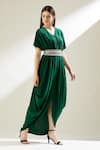 Aakaar_Green Silk Crepe Pearls, Crystals V Neck Sophie Cowl Gown With Belt _Online_at_Aza_Fashions