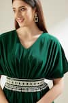 Shop_Aakaar_Green Silk Crepe Pearls, Crystals V Neck Sophie Cowl Gown With Belt _Online_at_Aza_Fashions