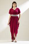 Buy_Aakaar_Wine Silk Crepe Sophie Cowl Dress With Belt_at_Aza_Fashions