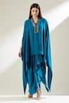 Buy_Aakaar_Blue Silk Crepe Embroidery Bead Work V Neck Asymmetric Tunic And Draped Skirt Set _at_Aza_Fashions