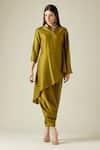 Buy_Aakaar_Green Matka Silk Asymmetric Tunic And Draped Pant Set_at_Aza_Fashions