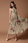 Buy_Rohit Bal_Grey Linen Floral Square Neck Print Dress _at_Aza_Fashions