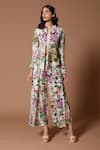 Rohit Bal_Green Linen Printed Floral Mandarin Collar Jacket And Pant Set _Online_at_Aza_Fashions