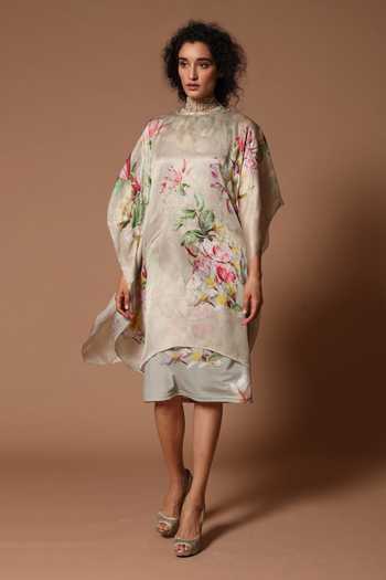 Buy_Rohit Bal_Green Organza Satin Floral Round Print Kaftan And Inner Dress Set _at_Aza_Fashions