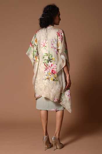 Shop_Rohit Bal_Green Organza Satin Floral Round Print Kaftan And Inner Dress Set _at_Aza_Fashions