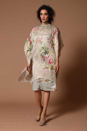 Buy_Rohit Bal_Green Organza Satin Floral Round Print Kaftan And Inner Dress Set _Online_at_Aza_Fashions