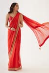 Buy_Nikasha_Coral 100% Viscose Georgette Embroidery Gota V Neck Saree With Blouse _at_Aza_Fashions