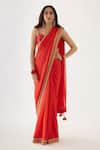 Buy_Nikasha_Coral 100% Viscose Georgette Embroidery Gota V Neck Saree With Blouse _Online_at_Aza_Fashions