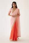 Buy_Nikasha_Peach 100% Viscose Georgette And Pure Raw Silk Ombre Saree With Blouse _at_Aza_Fashions