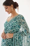 Shop_Nikasha_Green 100% Viscose Georgette Printed Floral V Neck Saree With Blouse _Online_at_Aza_Fashions